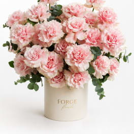Pink carnations arranged in a cream hat box