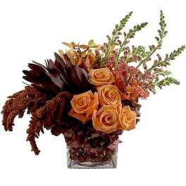 Low arrangement of orange roses, dark protea, and pink snapdragons in a square glass vase