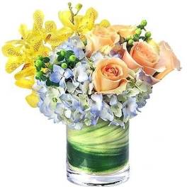 Compact arrangement of peach roses, blue hydrangeas, and yellow orchids in a glass vase with green leaf wrap.