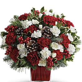 Red and white holiday arrangement in a square glass vase with pinecones and berries