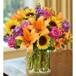 Bouquet of orange lilies, sunflowers, pink roses, and purple flowers in a glass vase