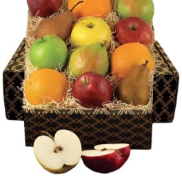 Gift box of assorted fruit with apples, pears, and oranges