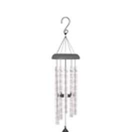 Hanging metal wind chime with silver tubes and a black clapper