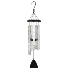 Hanging black wind chime with clear tubes and a cone-shaped striker
