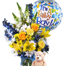 Bouquet with a baby boy balloon and teddy bear