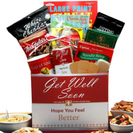 Get well gift basket with soup mixes, crackers, and snacks