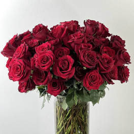 Tall arrangement of long-stem red roses in a clear glass cylinder vase with scattered petals below