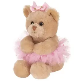 Plush teddy bear wearing a pink tutu and bow