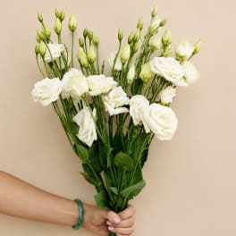 Hand holding a bouquet of white lisianthus flowers with green buds