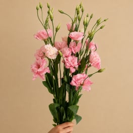 Handheld bouquet of pink lisianthus flowers with green buds