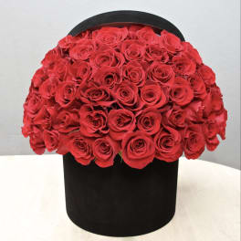 Large bouquet of red roses in a black box