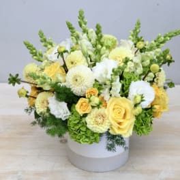 Yellow and white floral arrangement in a round white vase
