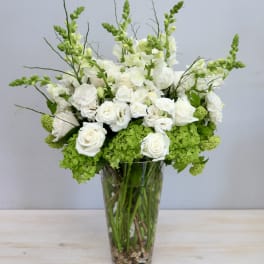 White roses and snapdragons in a tall glass vase