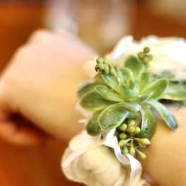 White floral wrist corsage with green succulents on a ribbon band