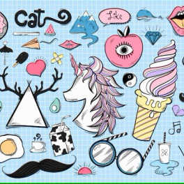 Colorful doodle collage with a unicorn, cactus, donut, and other icons