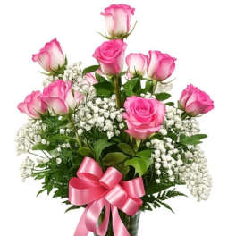 Dozen Long Stemmed Pink Roses with Baby's Breath