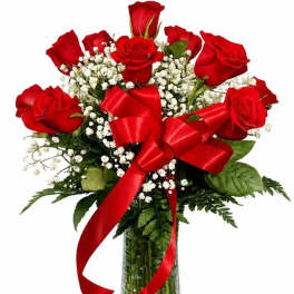 Dozen long Stemmed Red Roses with Baby's Breath