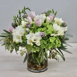 Pink and white tulips with green hydrangeas in a glass vase