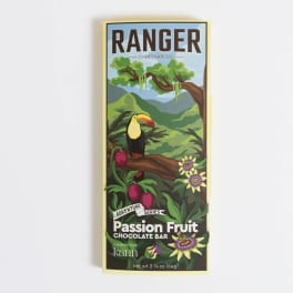 Passion fruit chocolate bar in a yellow wrapper with tropical artwork
