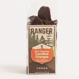 Package of dark chocolate candied oranges in clear wrapping