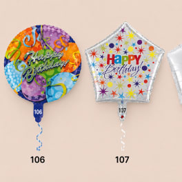 Three birthday foil balloons, including round and star shapes, with curled ribbons.