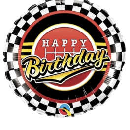 Round birthday balloon with black, white, red, and yellow graphics