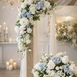 White and pale blue floral wedding arrangements on a draped arch and low pedestal