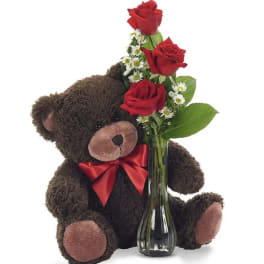 Classic Bud Vase Roses with Bear