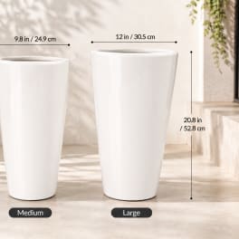 Two tall white tapered planters shown side by side with size labels.