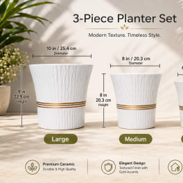 Three white textured ceramic planters in different sizes with gold bands.