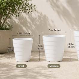 Three white tapered plant pots labeled small, medium, and large