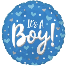 Blue balloon with hearts and the words "It's A Boy!"
