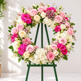 Cottage Garden Wreath – Pink & White Sympathy Flowers | Delivery Los Angeles