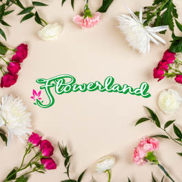 Flowers arranged around a Flowerland logo on a beige background
