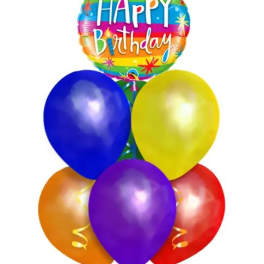 Birthday balloon bouquet with a rainbow foil balloon and five latex balloons