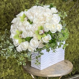 White rose arrangement in a white textured vase with trailing ivy