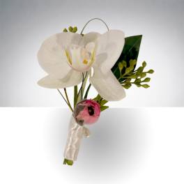 White orchid boutonniere with a small pink accent bloom and ribbon wrap