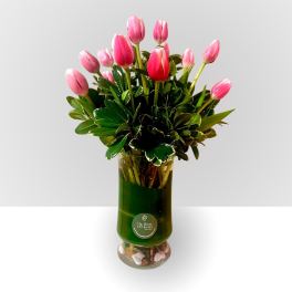 Pink tulips arranged in a tall glass vase with glossy foliage