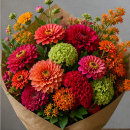 Bouquet of bright zinnias and orange filler flowers wrapped in kraft paper
