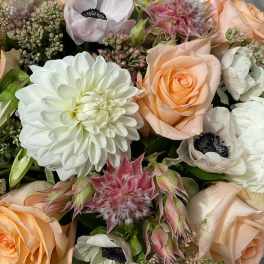 Bouquet of peach roses and white flowers with pink accents