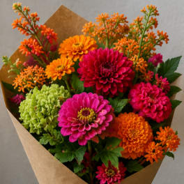 Bouquet of bright zinnias wrapped in brown paper