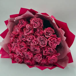 Bouquet of pink roses wrapped in pink paper