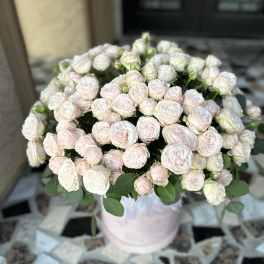 Bouquet of pale pink spray roses in a light pink vase