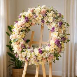 Large floral wreath of cream, blush, and purple flowers on a wooden easel