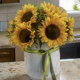 Sunflower bouquet in a white wrapped container with green ribbon