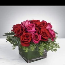 Red and pink roses arranged in a square glass vase