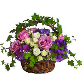 Basket arrangement of pink, white, and purple roses with ivy