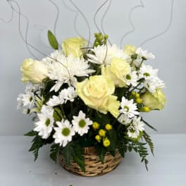 Basket arrangement of pale yellow roses and white daisies