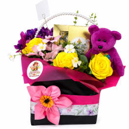 Canasta flores Naturales con Oso