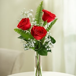 Slender glass bud vase with three red roses and white filler flowers.